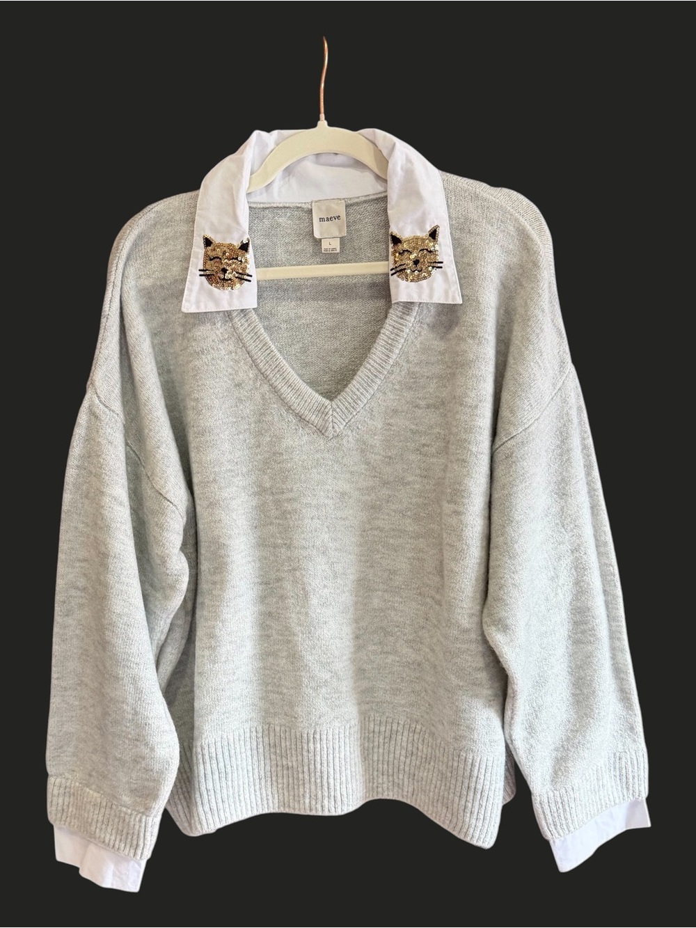 NWOT ANTHROPOLOGIE MAEVE Embroidered V-Neck Sweater CATS Grey L - Picture 5 of 15